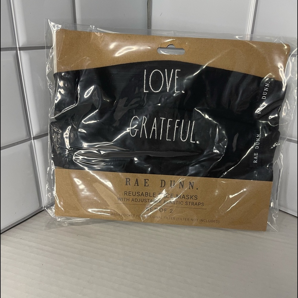 Rae Dunn Reusable Cotton Masks Adjustable Ear Loops LOVE GRATEFUL New